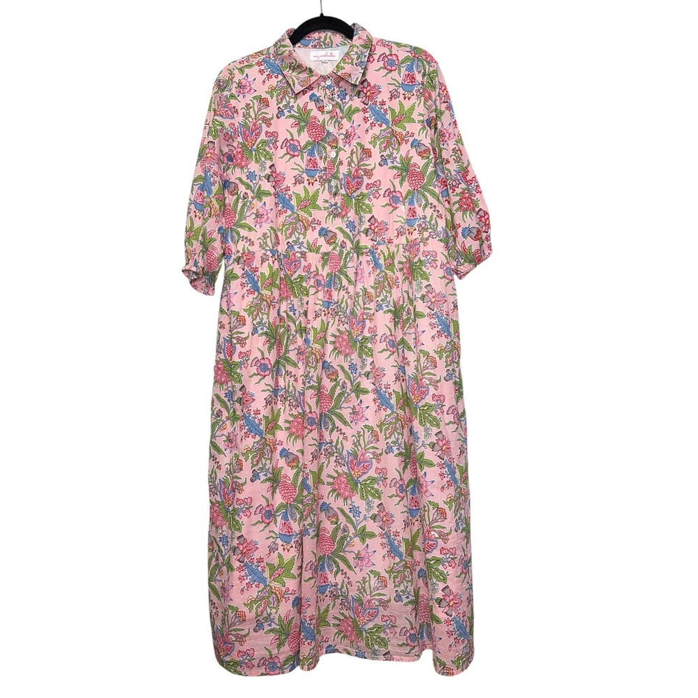 Mary Marshmallow Frannie Pink Floral Block Print Cotton Midi Dress Medium